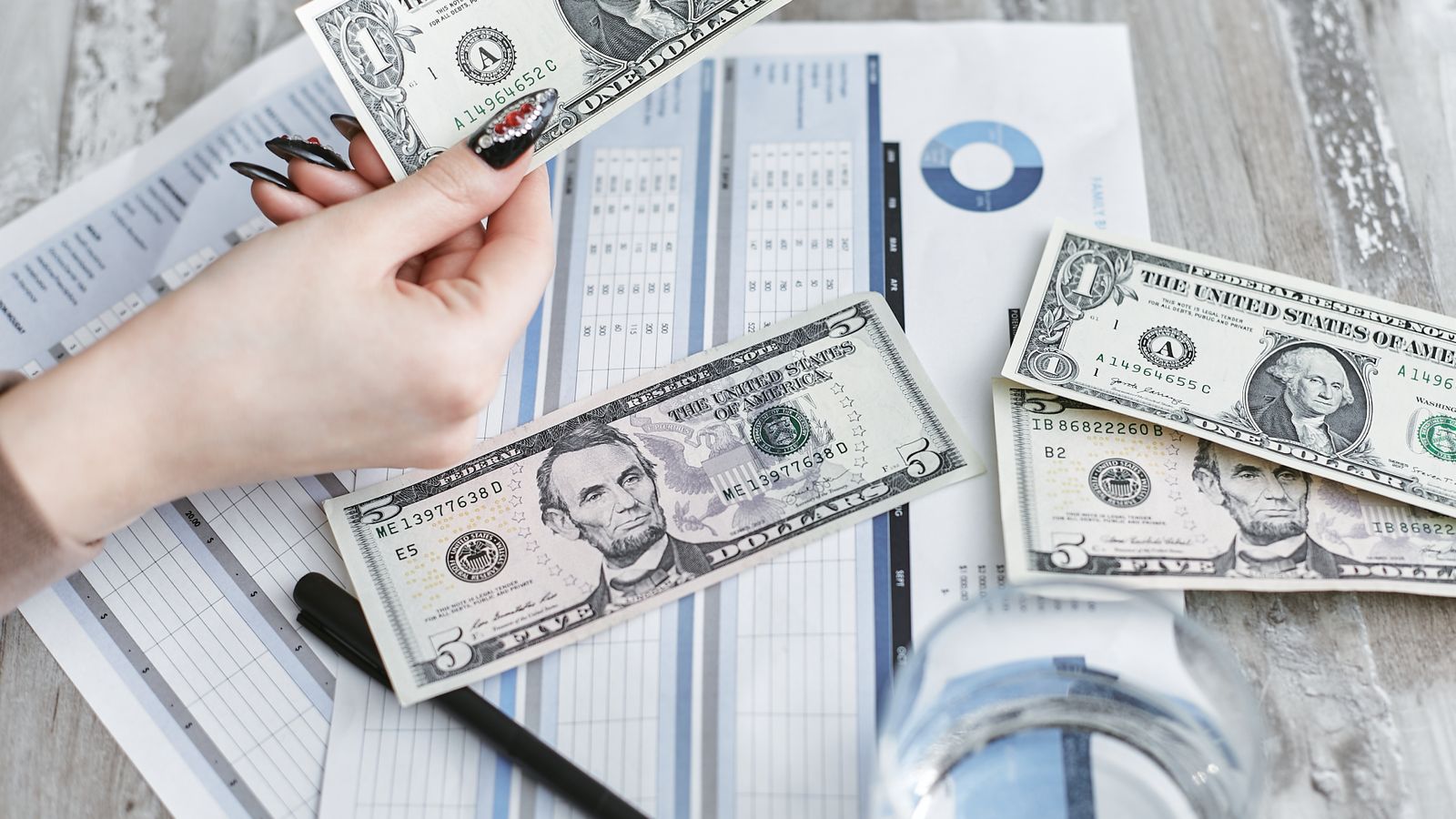 Photograph of a financial planner's desk with charts, a calculator and cash laid out for budgeting