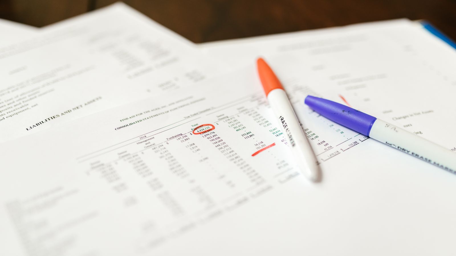 Photograph of a financial report with charts and a pen on an office desk during analysis