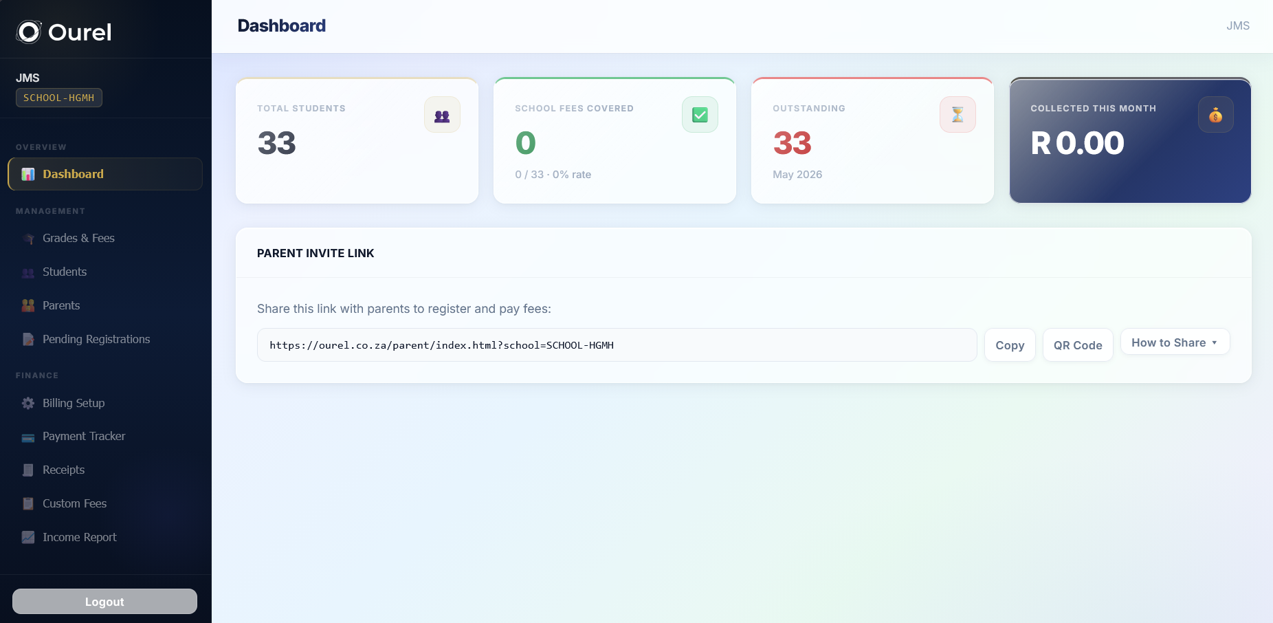 Ourel school admin dashboard