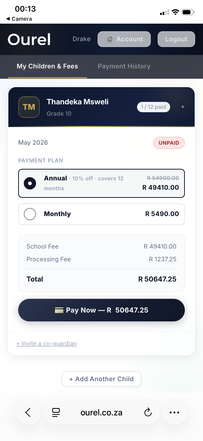 Ourel parent portal on mobile showing child fees and payment options